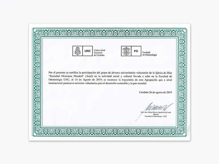 Certificado de Reconocimiento de la Decana de la Facultad de Odontología de la Universidad Nacional de Córdoba
